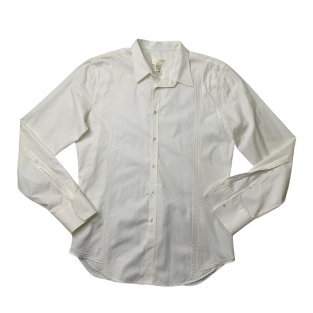 Diesel Shirt Mens L Large Off White Cotton Long Sleeve Pintuck Textured Dress